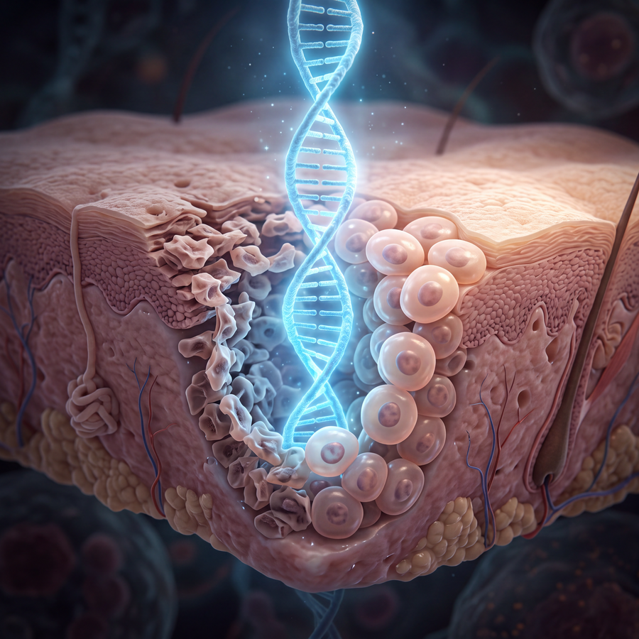 Salmon PDRN molecules illustrated as pink DNA-filled droplets