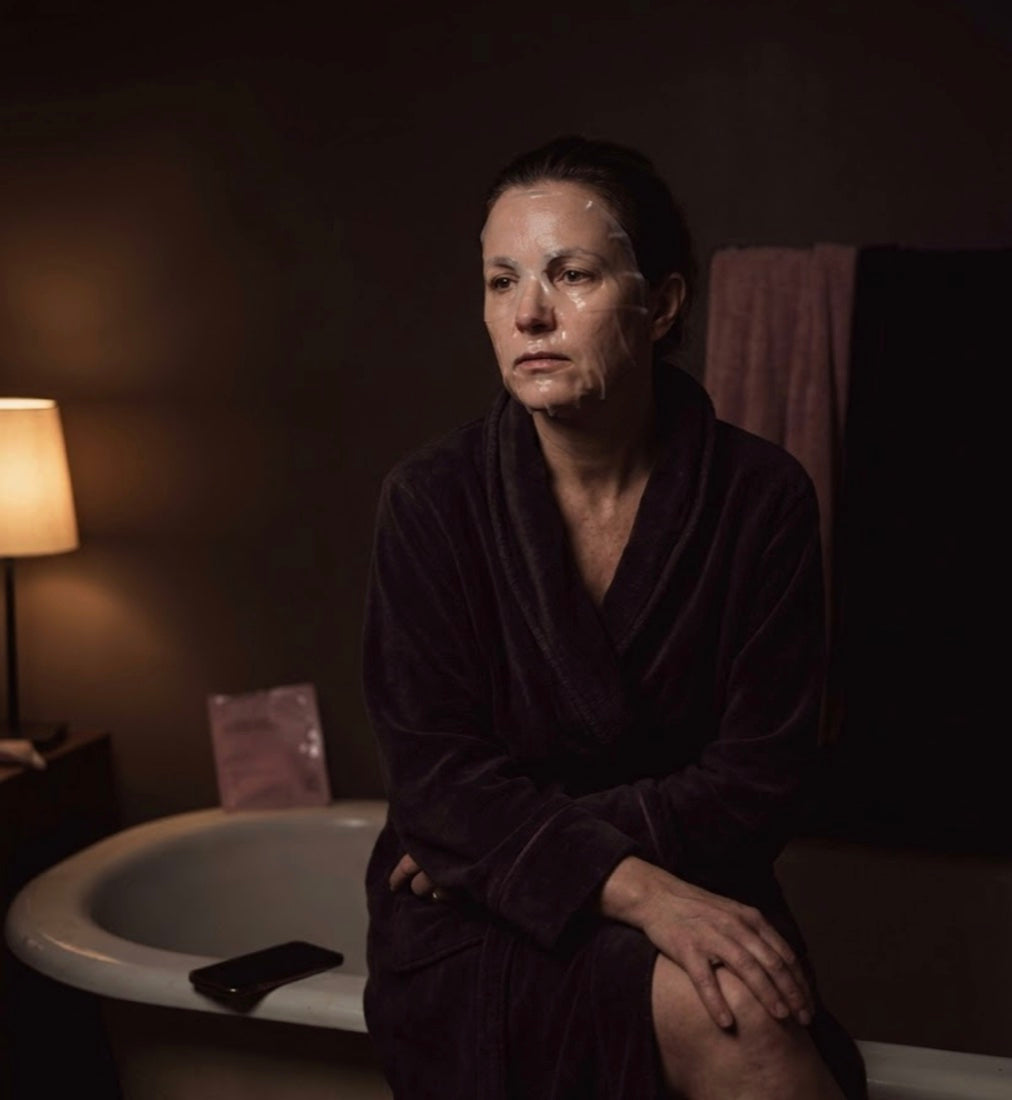 A customer partway through the two-hour wear, sitting in a dim bathroom