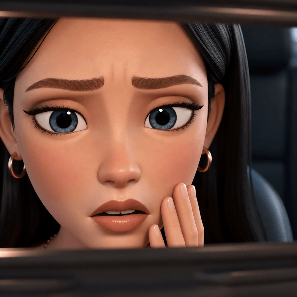 In the car, his girlfriend checking her face in the visor mirror