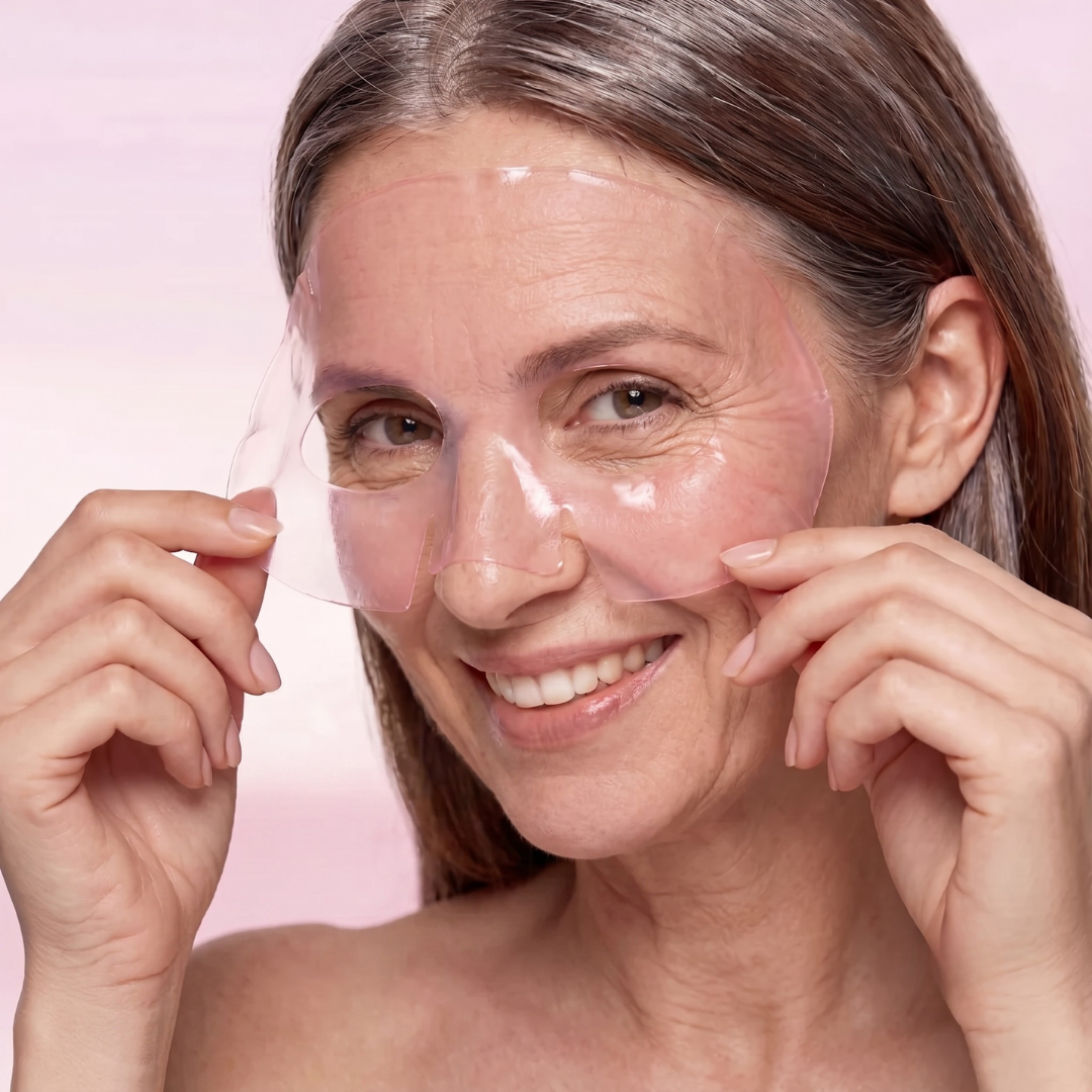 Woman in her fifties wearing the Quasi collagen mask