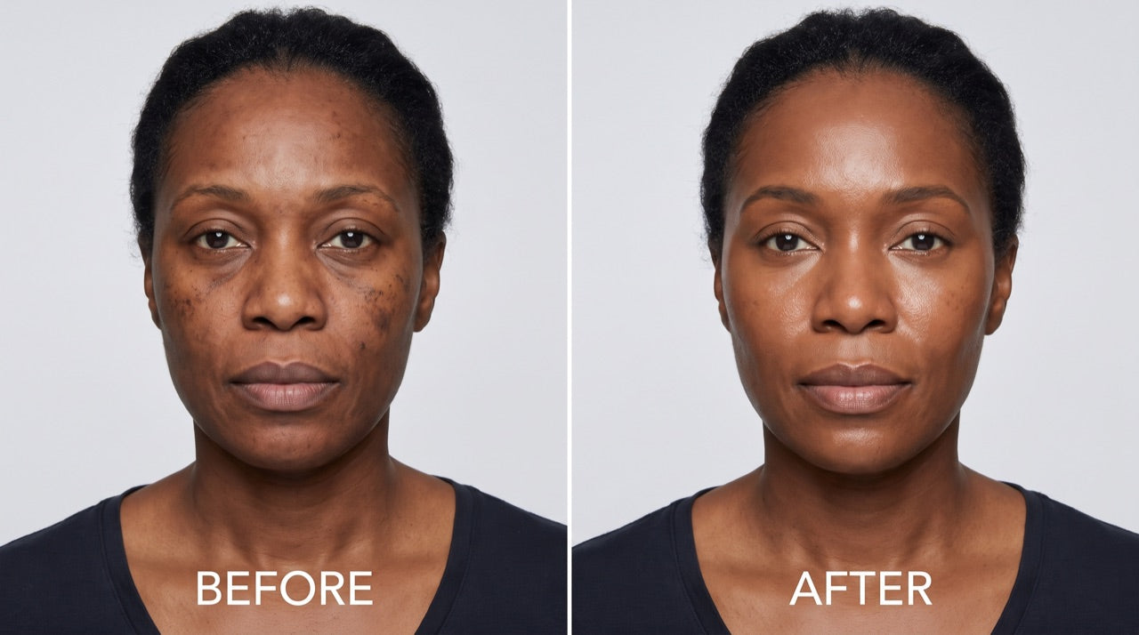 Before and after of a Black woman in her late 40s showing more even skin tone and reduced dark spots