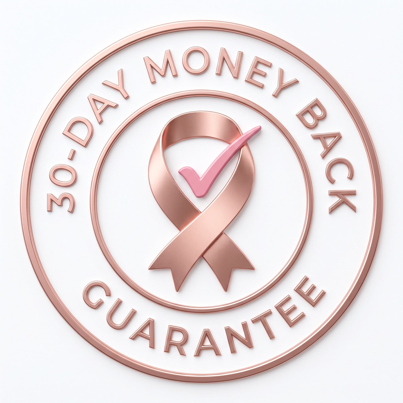 30-Day Money Back Guarantee seal in rose gold and Quasi pink