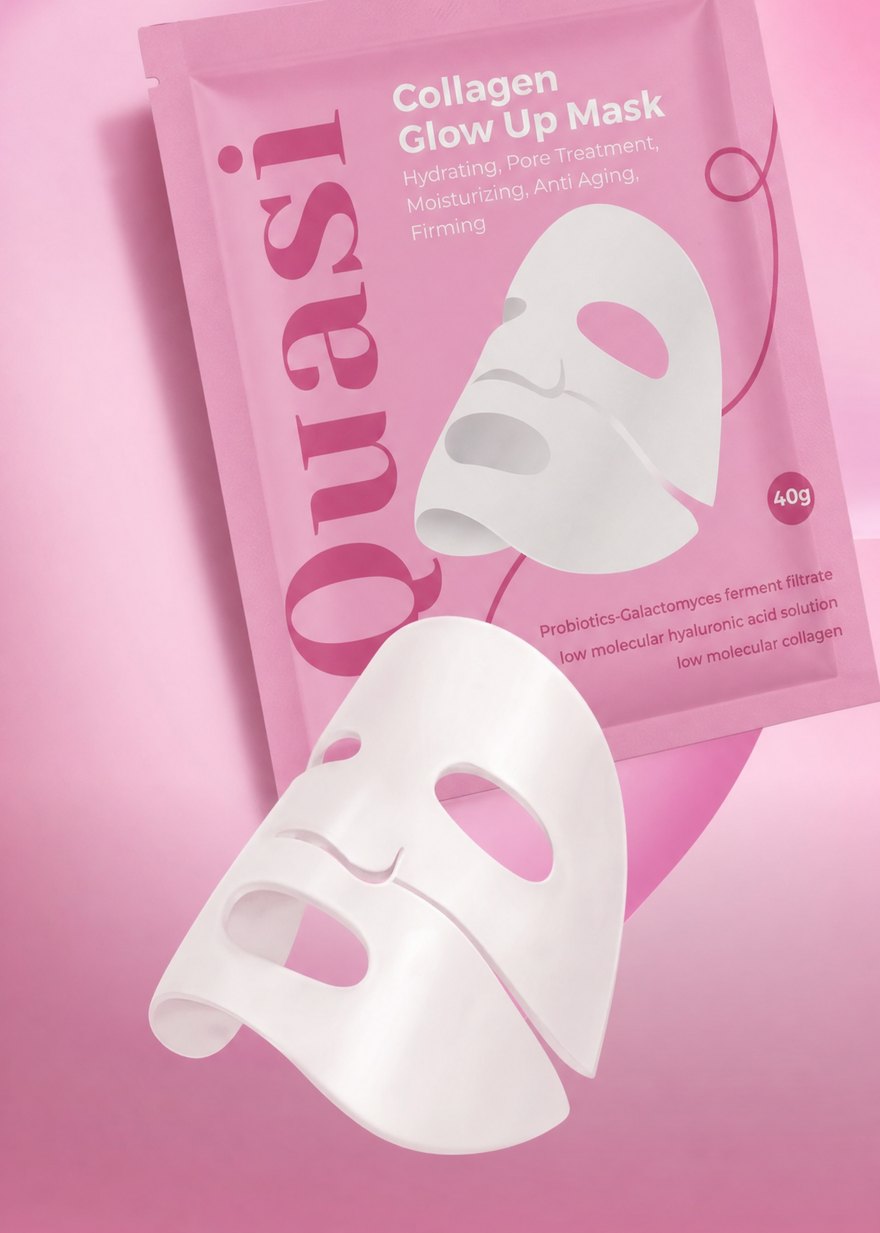 Quasi Collagen Glow Up Mask pouch with the two-piece hydrogel mask