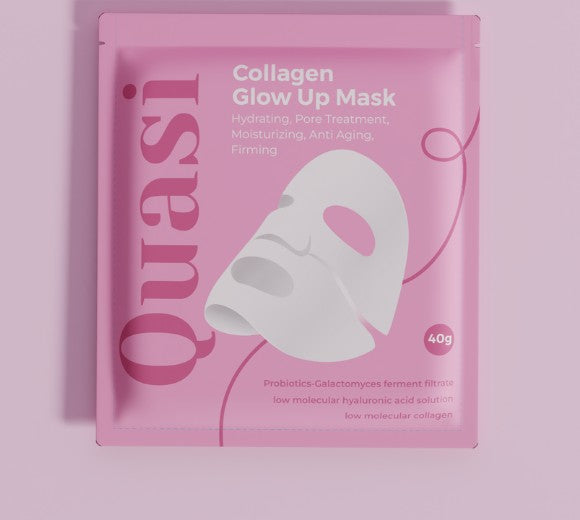 Quasi Collagen Glow Up Mask pouch with the two-piece hydrogel mask
