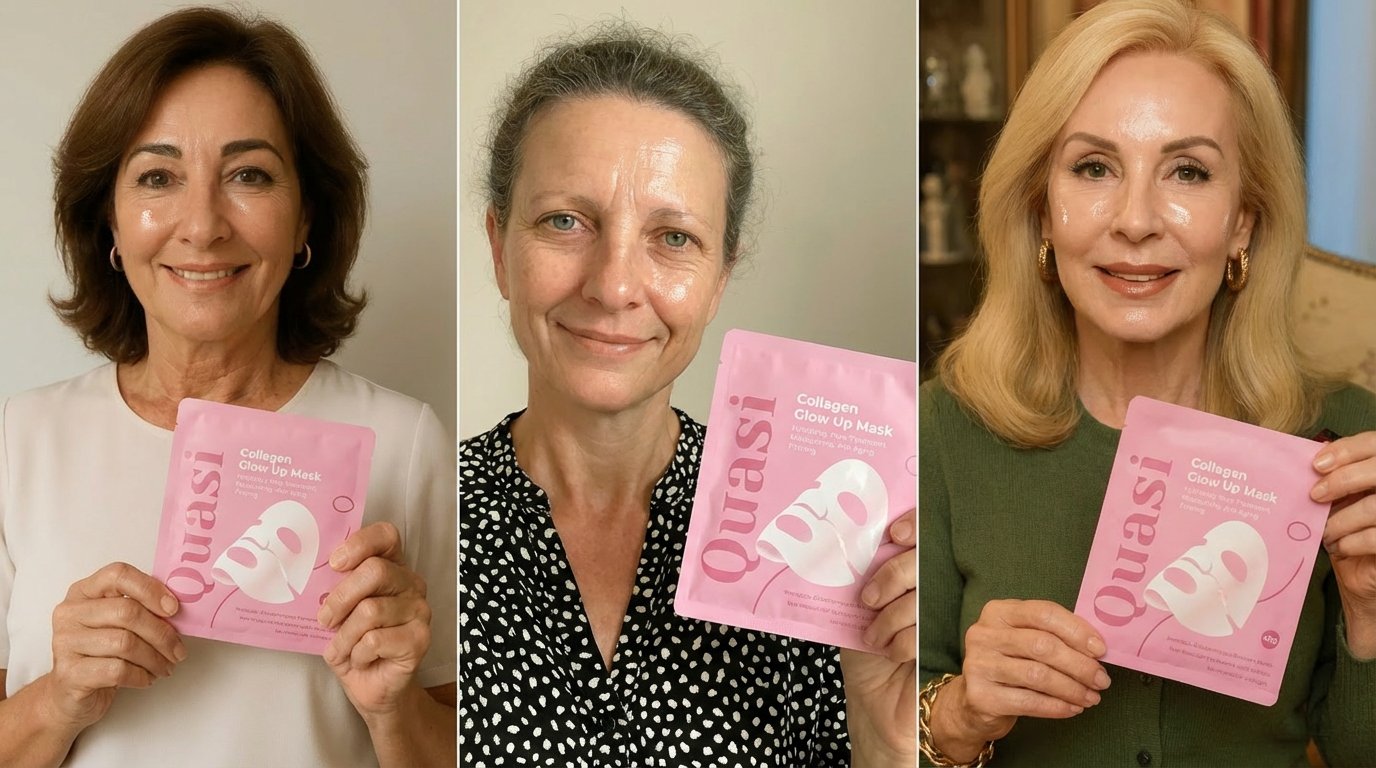 Three women holding the Quasi Collagen Glow Up Mask